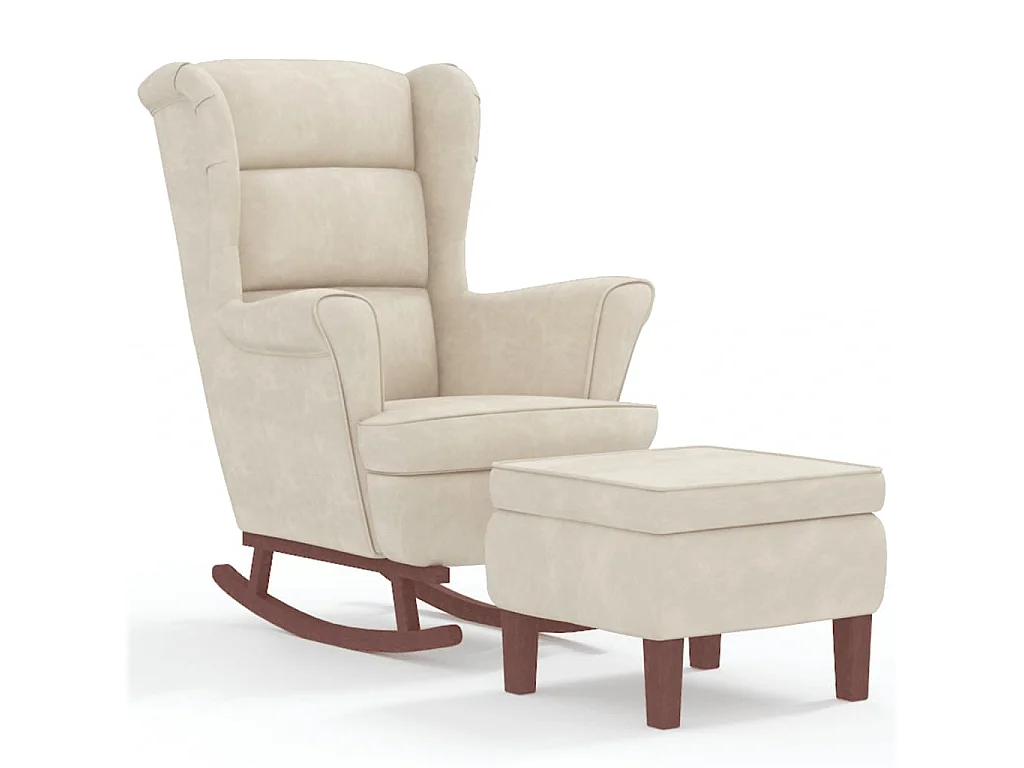 Cadeira de balanço com pés de madeira e banquinho Cream Velvet