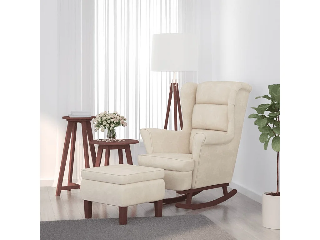 Mecedora con patas de madera y taburete Terciopelo Crema