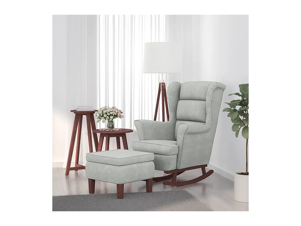 Chaise à bascule avec pieds en bois et tabouret Gris clair