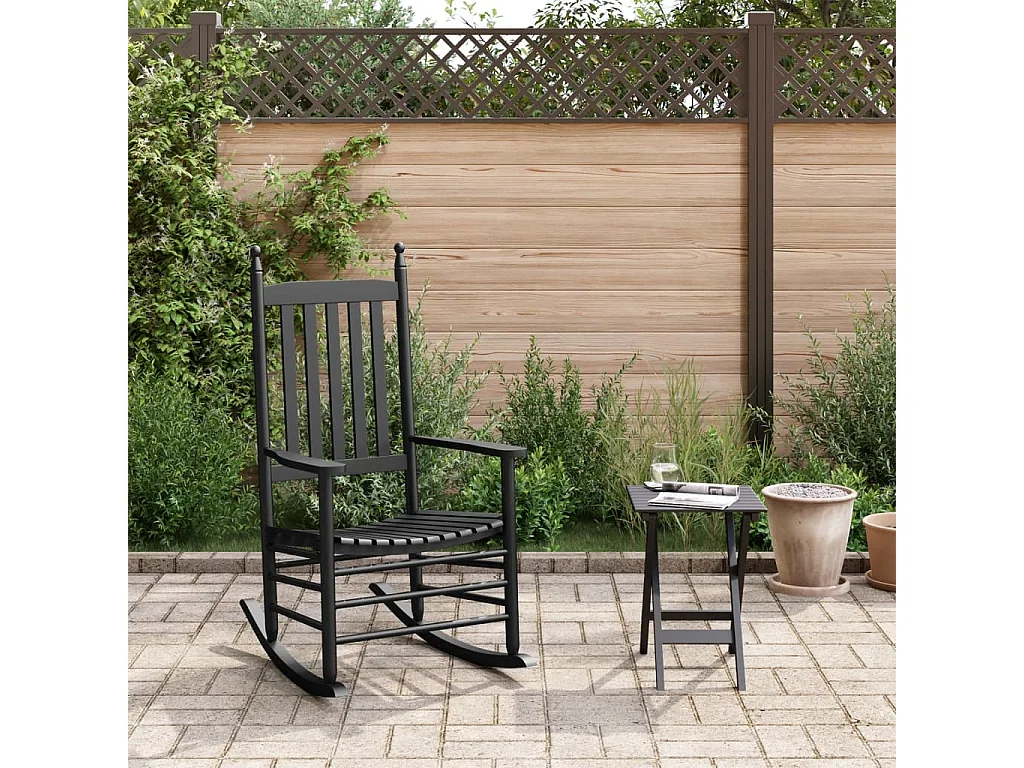 Cadeira de balanço com mesa dobrável preta, madeira maciça de choupo