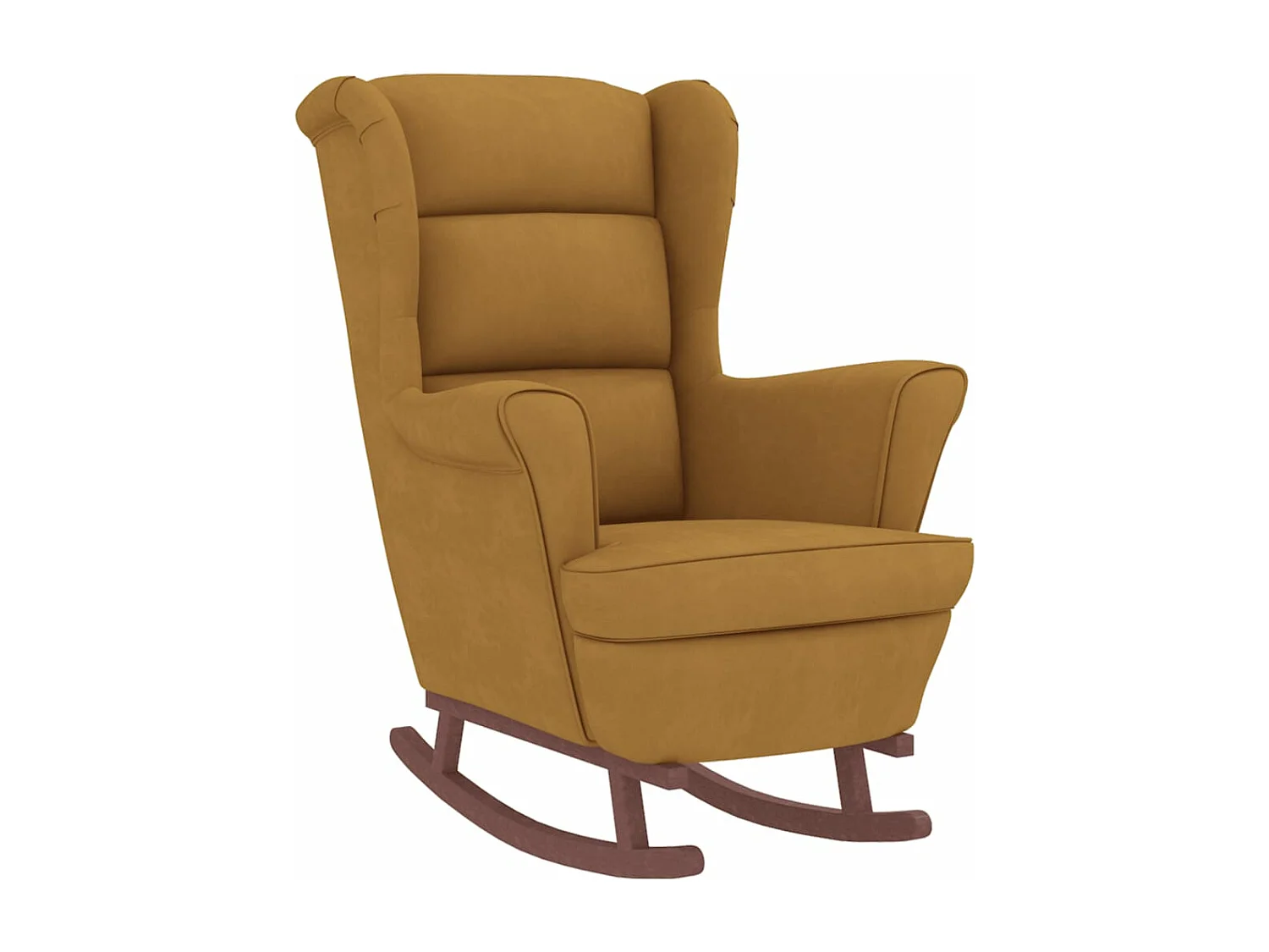 Sedia a dondolo con gambe in legno e sgabello in velluto marrone