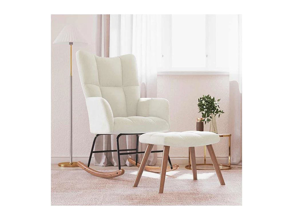 Chaise à bascule avec repose-pied Blanc crème Velours