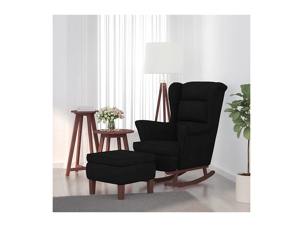 Chaise à bascule avec pieds en bois et tabouret Noir Velours