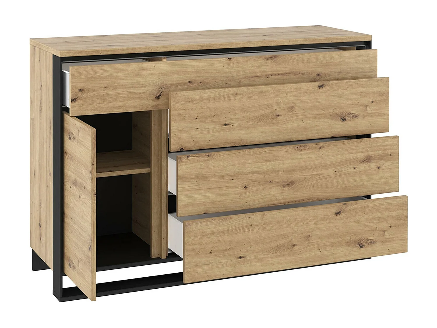 Commode Luliru 107, Chêne Artisan|Noir, Tiroirs et portes, Nombre de tiroirs: 4, 90x130cm