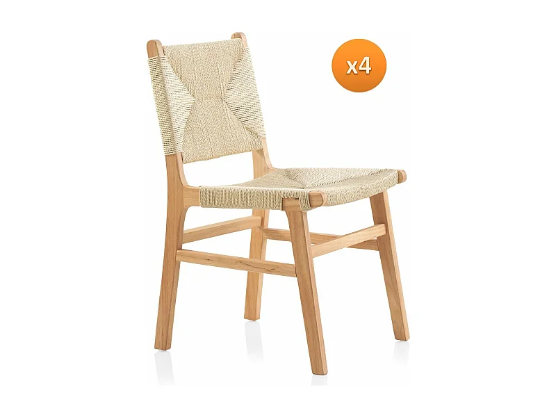 pack 4 sillas madera de hevea con asiento y respaldo trenzado