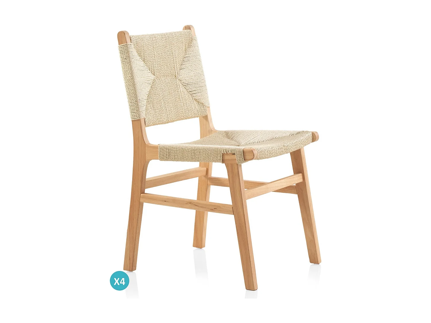 Lot de 4 chaises en bois d'hévéa avec assise et dossier tressés