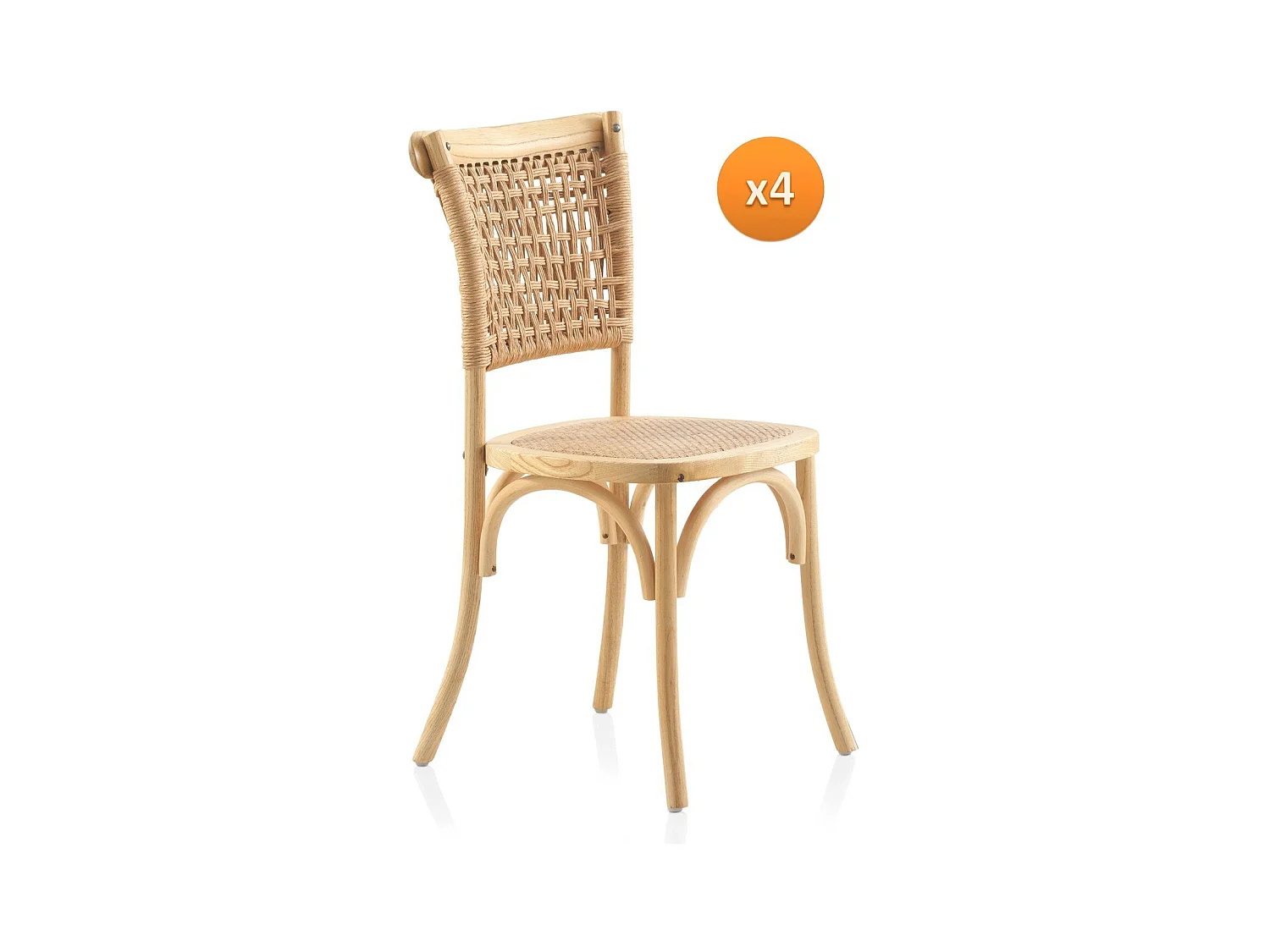 Lot de 4 chaises en orme avec assise et dossier tressés