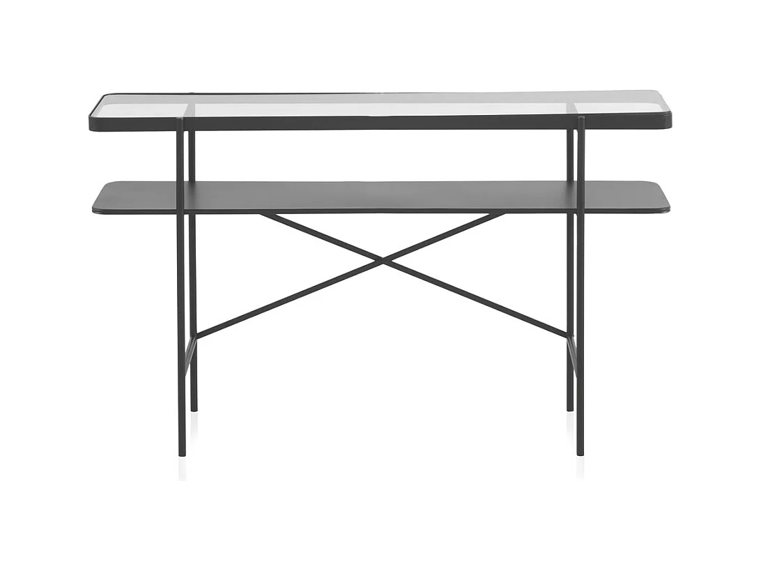 Console en métal noir avec plateau en verre