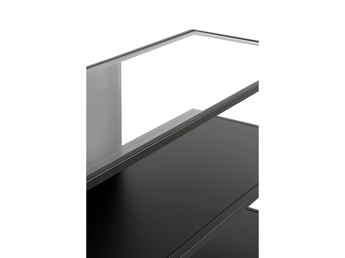 Console en métal noir avec plateau en verre