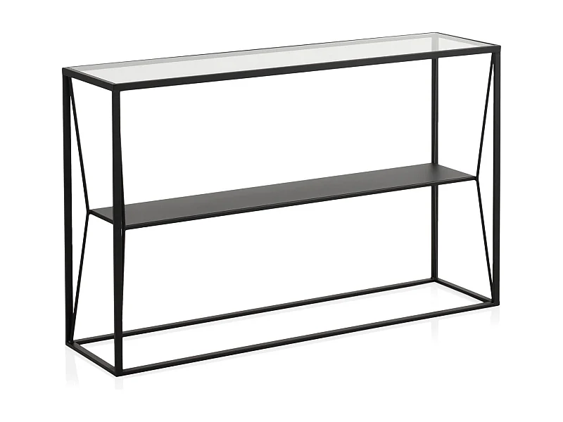 Schwarze Metallkonsole mit Glasplatte