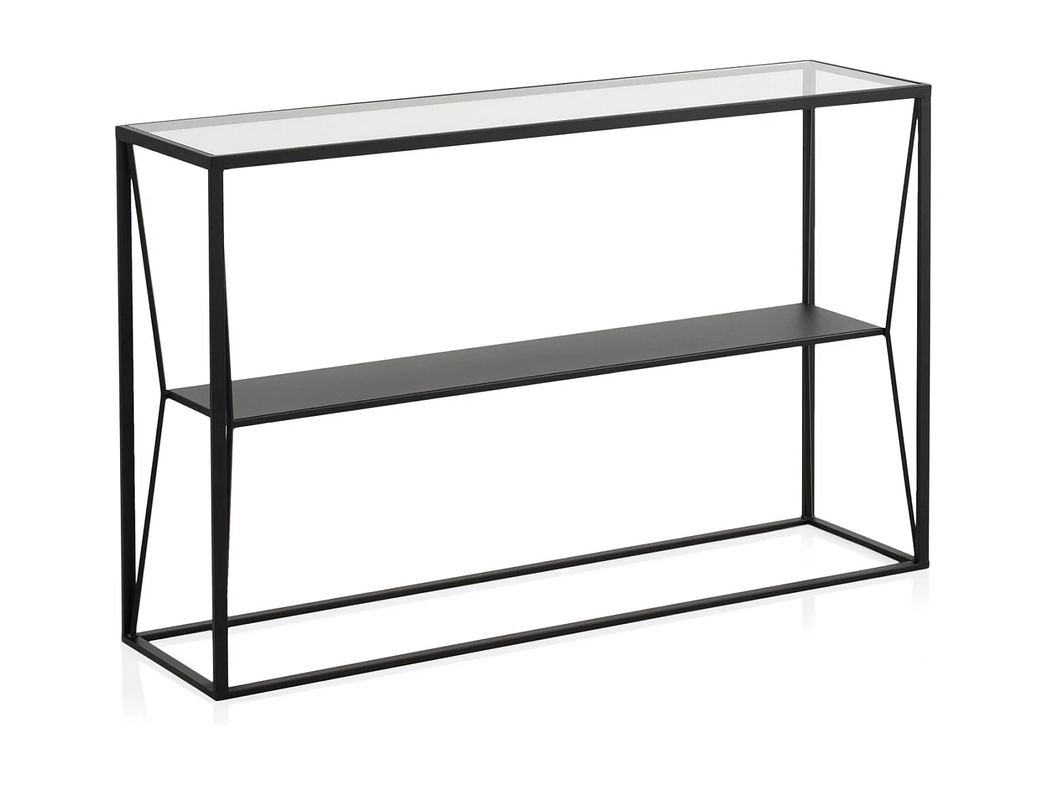 Console en métal noir avec plateau en verre