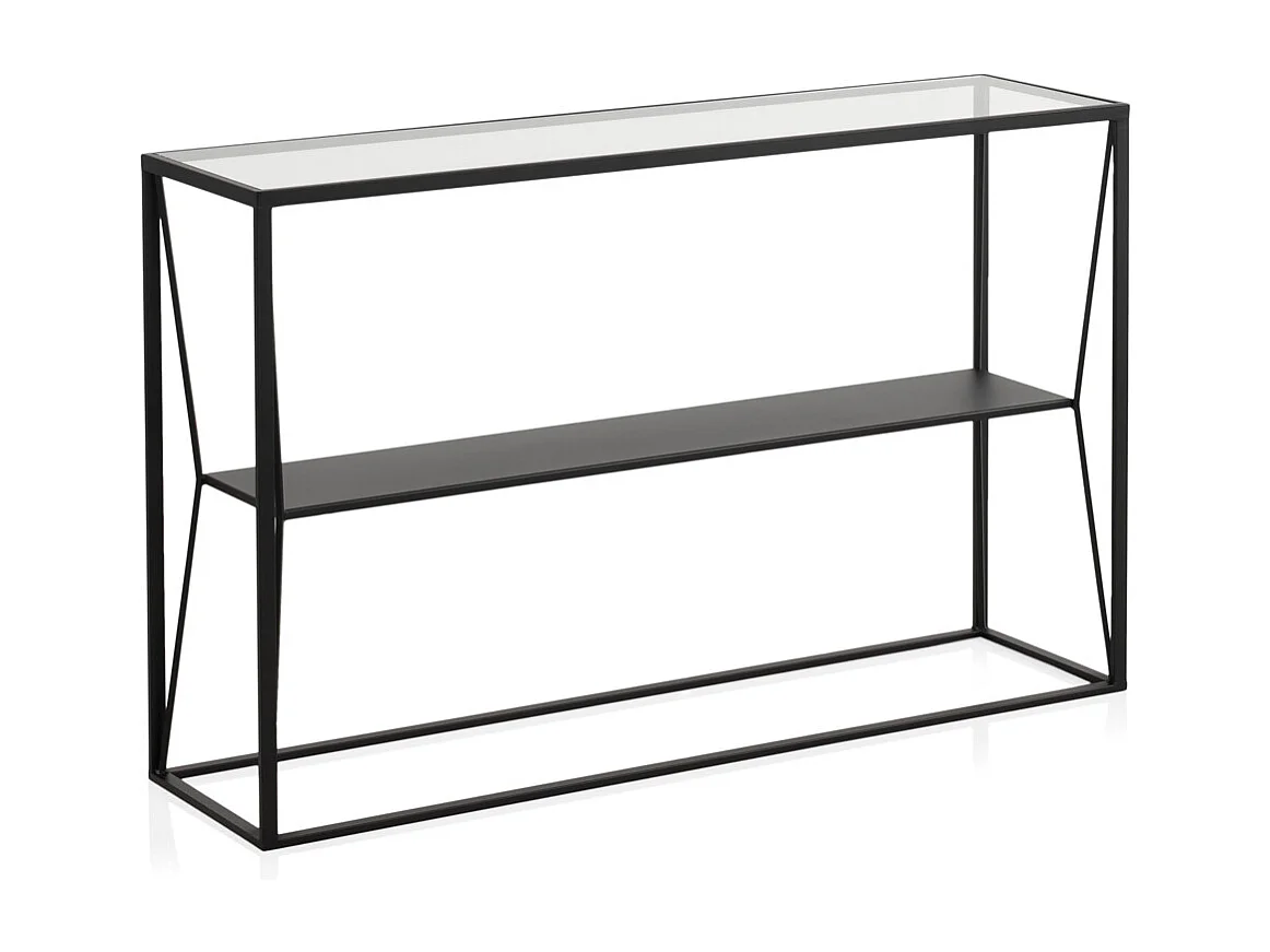 Console en métal noir avec plateau en verre