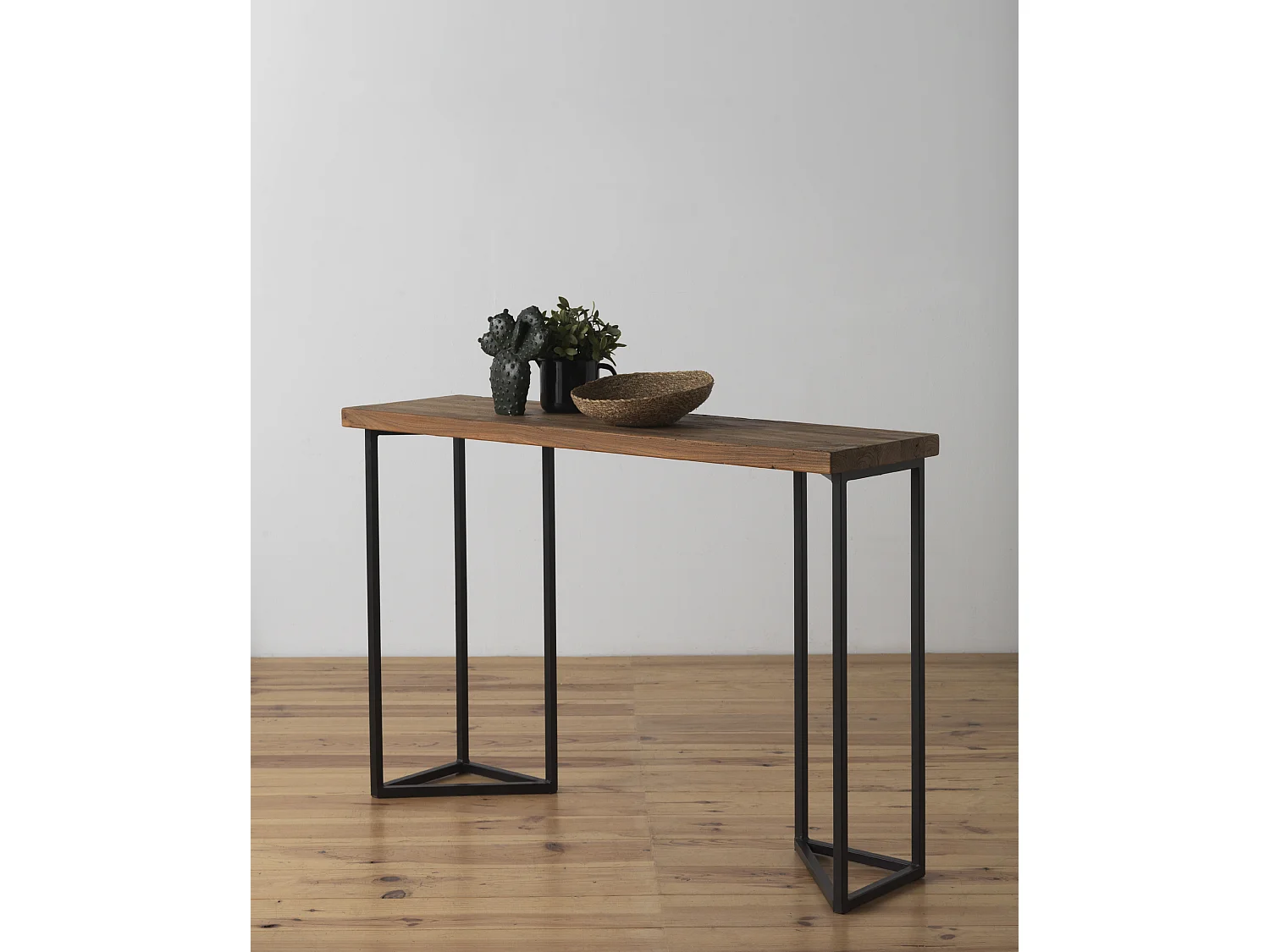 Table console en orme avec pieds en métal