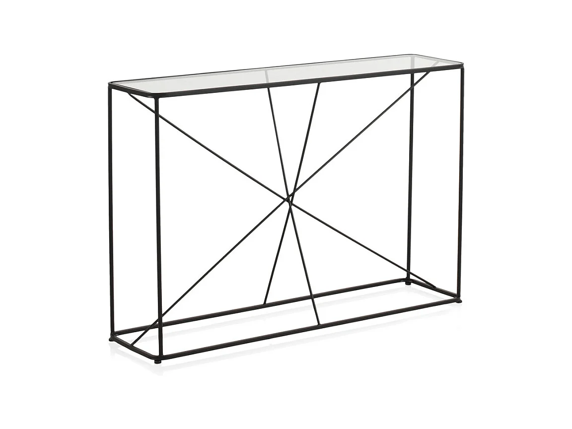 Table console en métal noir avec plateau en verre