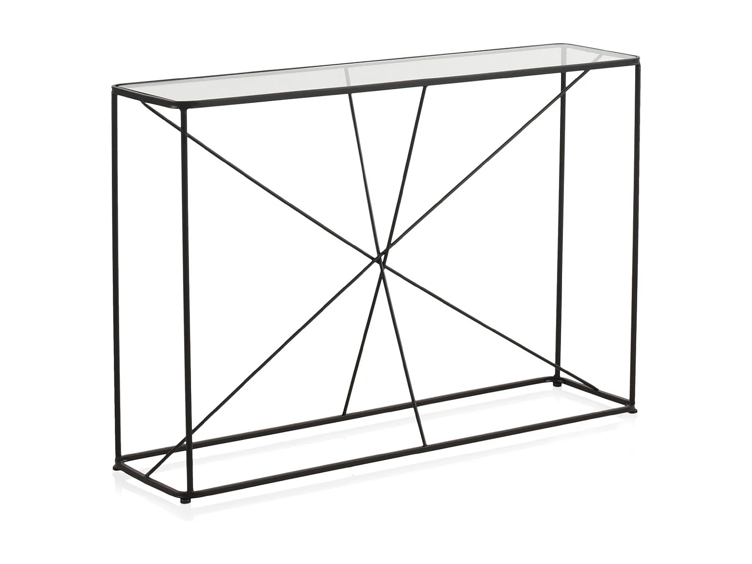 Table console en métal noir avec plateau en verre