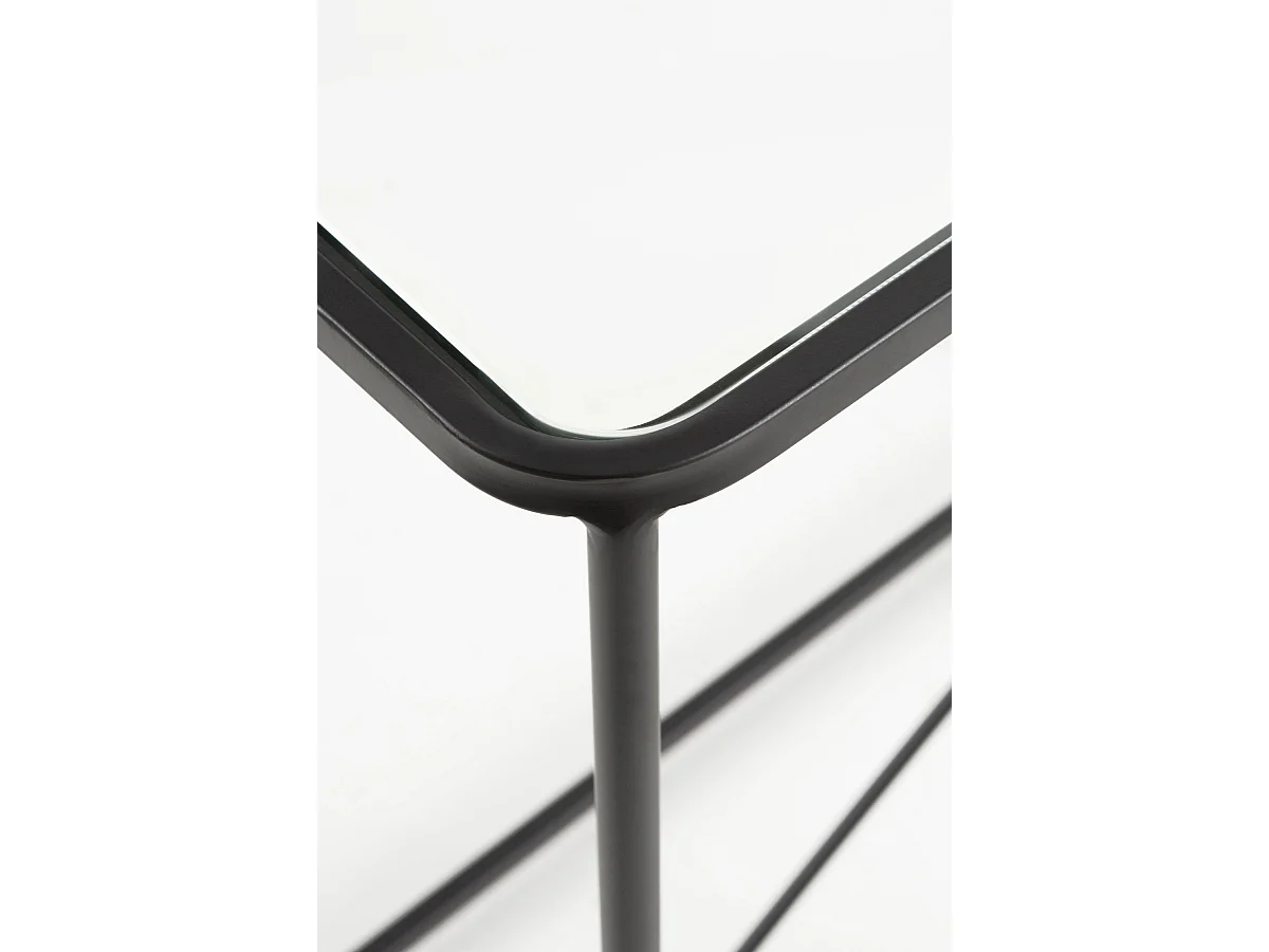 Table console en métal noir avec plateau en verre