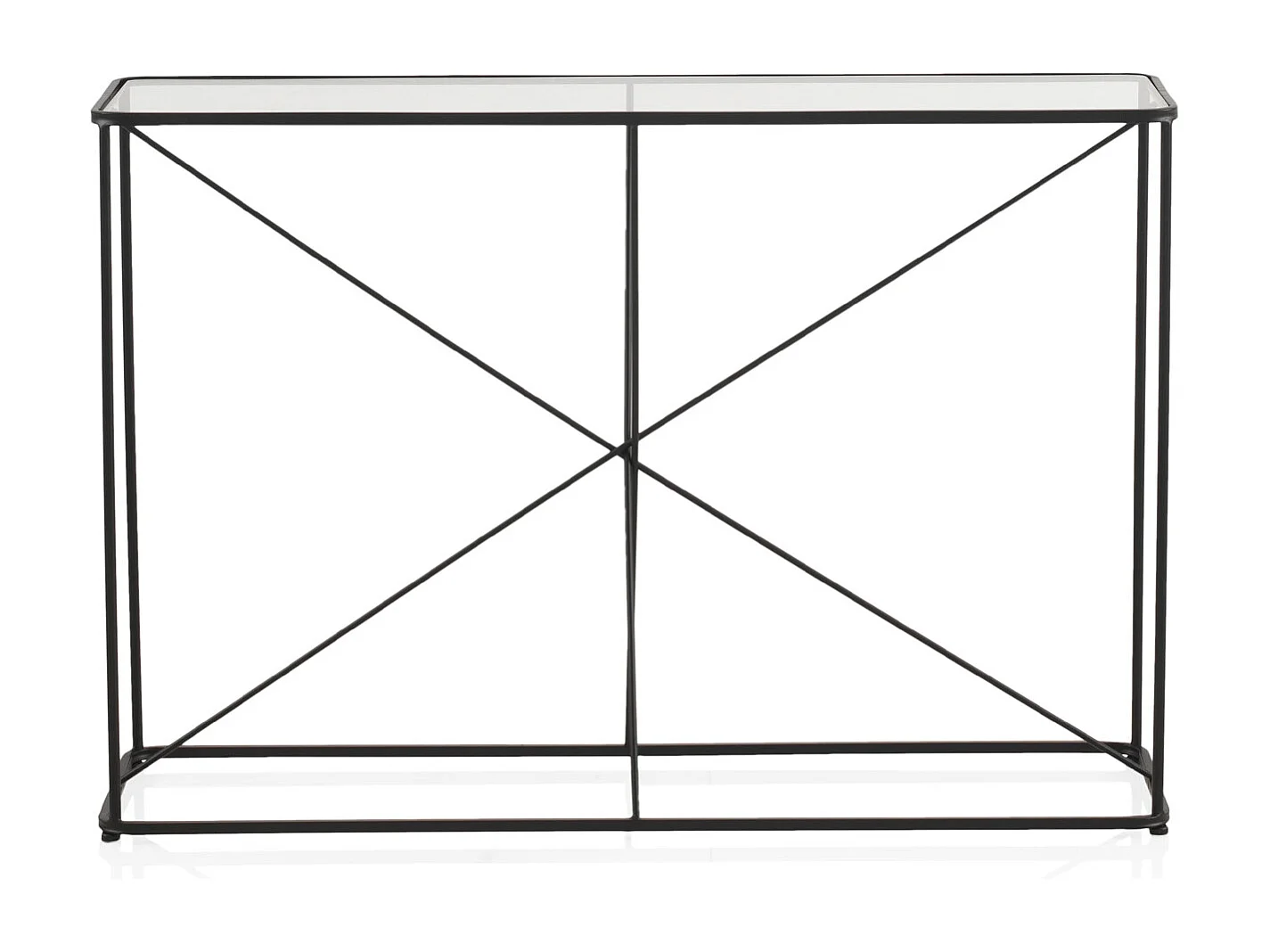 Table console en métal noir avec plateau en verre