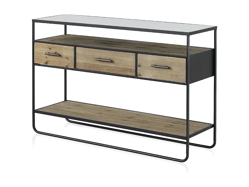 Consolle in legno di abete e ferro con piano in vetro fumé