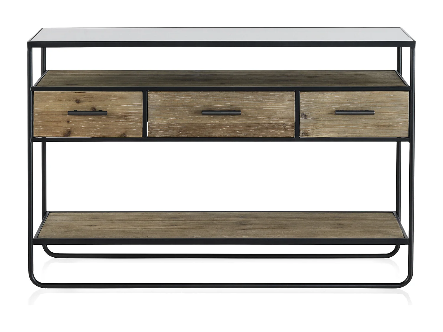 Consola madera de abeto y hierro con encimera cristal fumé