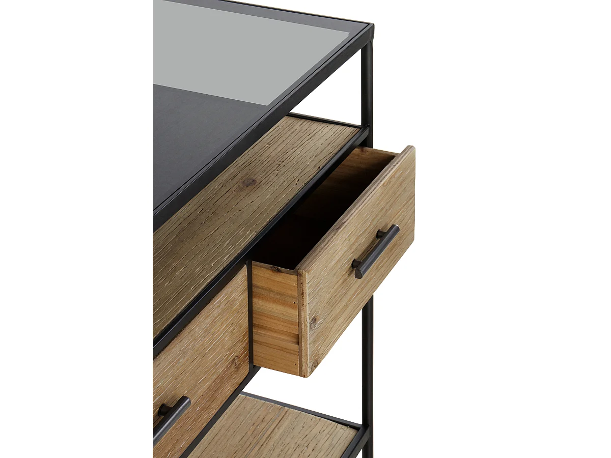 Consola madera de abeto y hierro con encimera cristal fumé