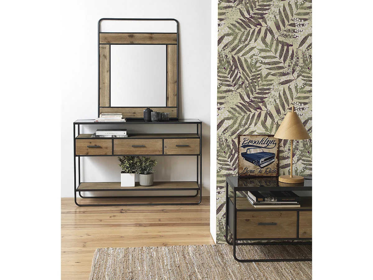 Consolle in legno di abete e ferro con piano in vetro fumé