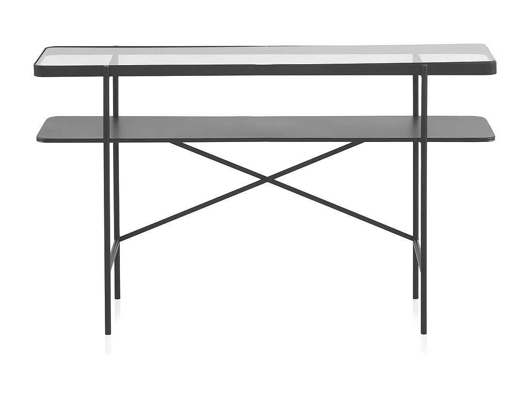 Consola em metal preto com tampo de vidro