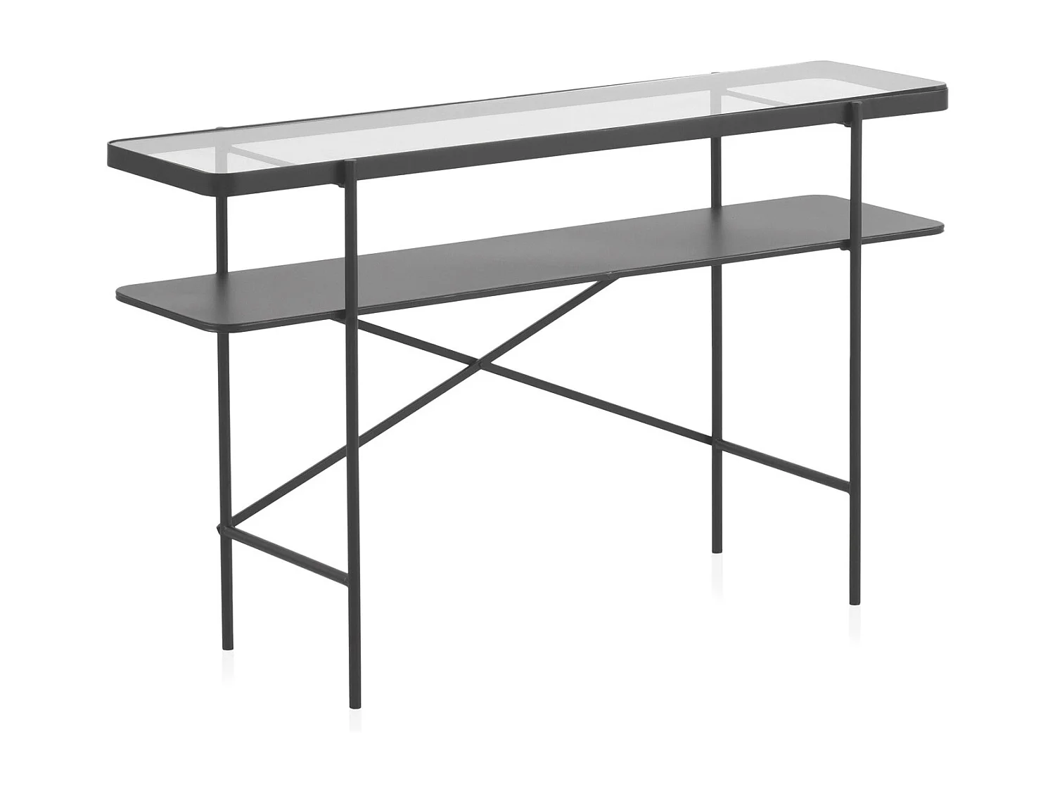 Consola em metal preto com tampo de vidro