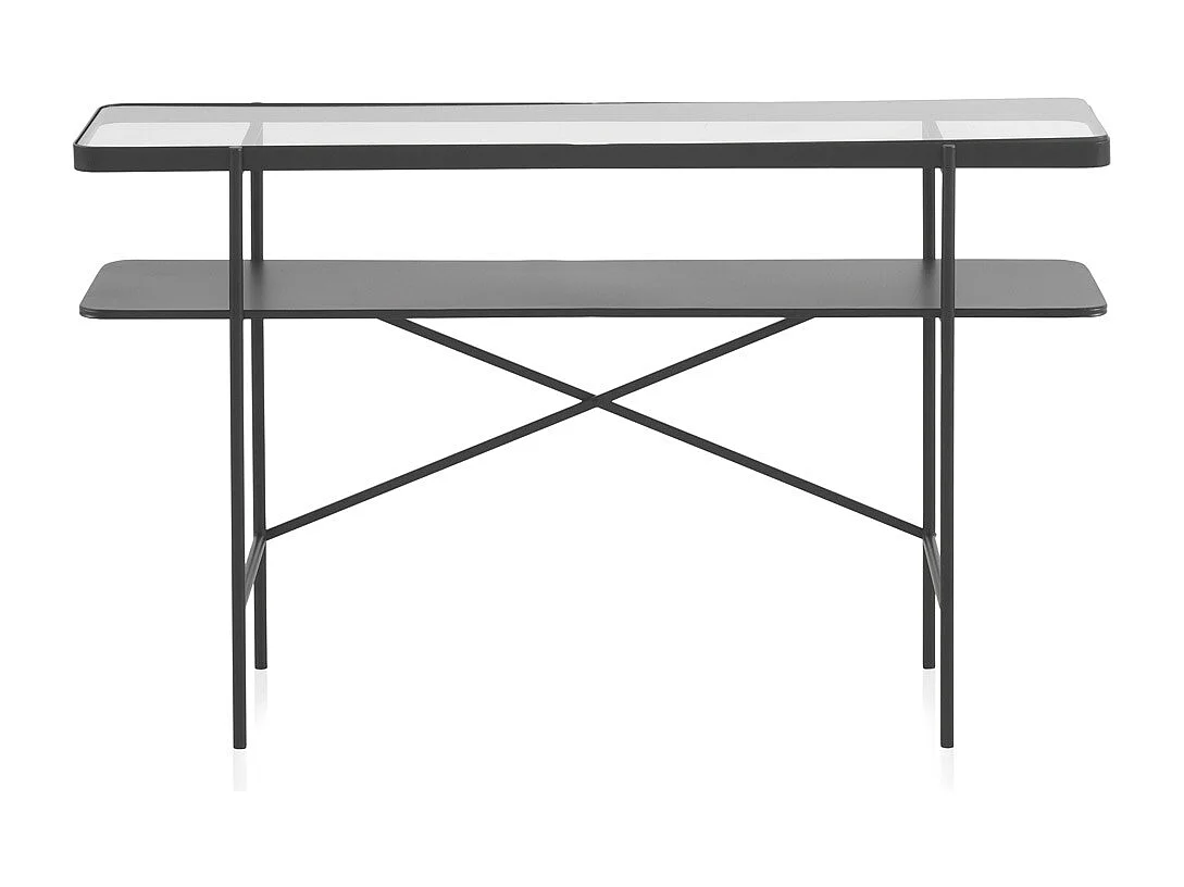 Console en métal noir avec plateau en verre