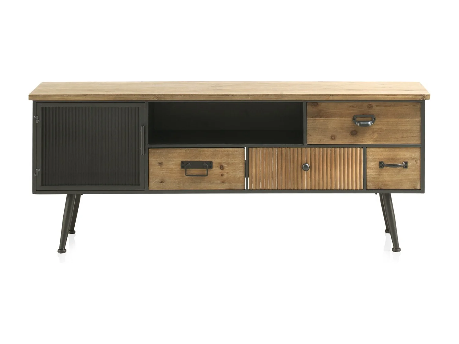 TV-Ständer aus Metall mit Holzplatte
