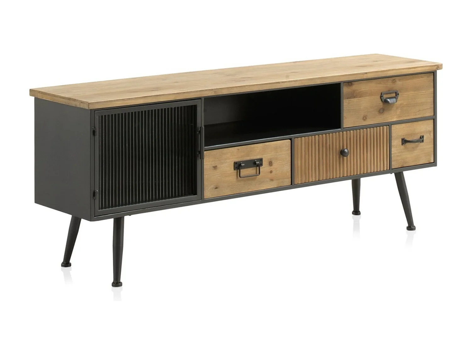 TV-Ständer aus Metall mit Holzplatte