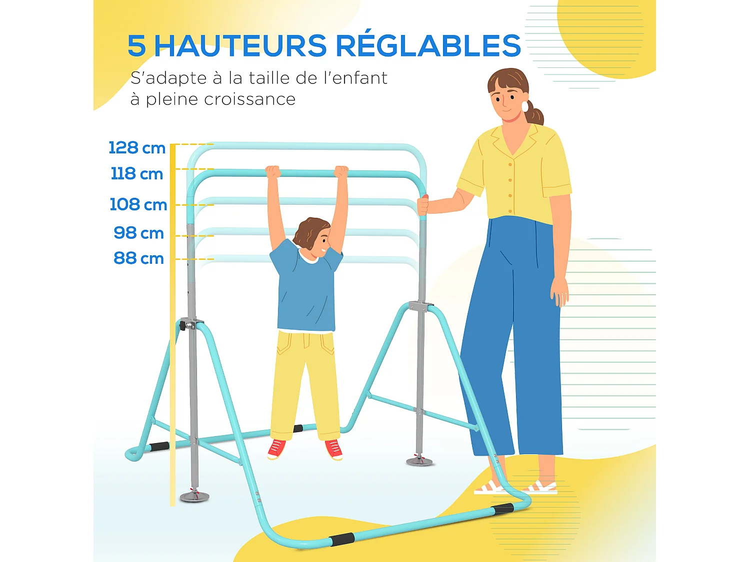Barre fixe de gymnastique enfant - barre de gymnastique pliable hauteur réglable 4 niv. 88 à 128 cm - acier bleu ciel