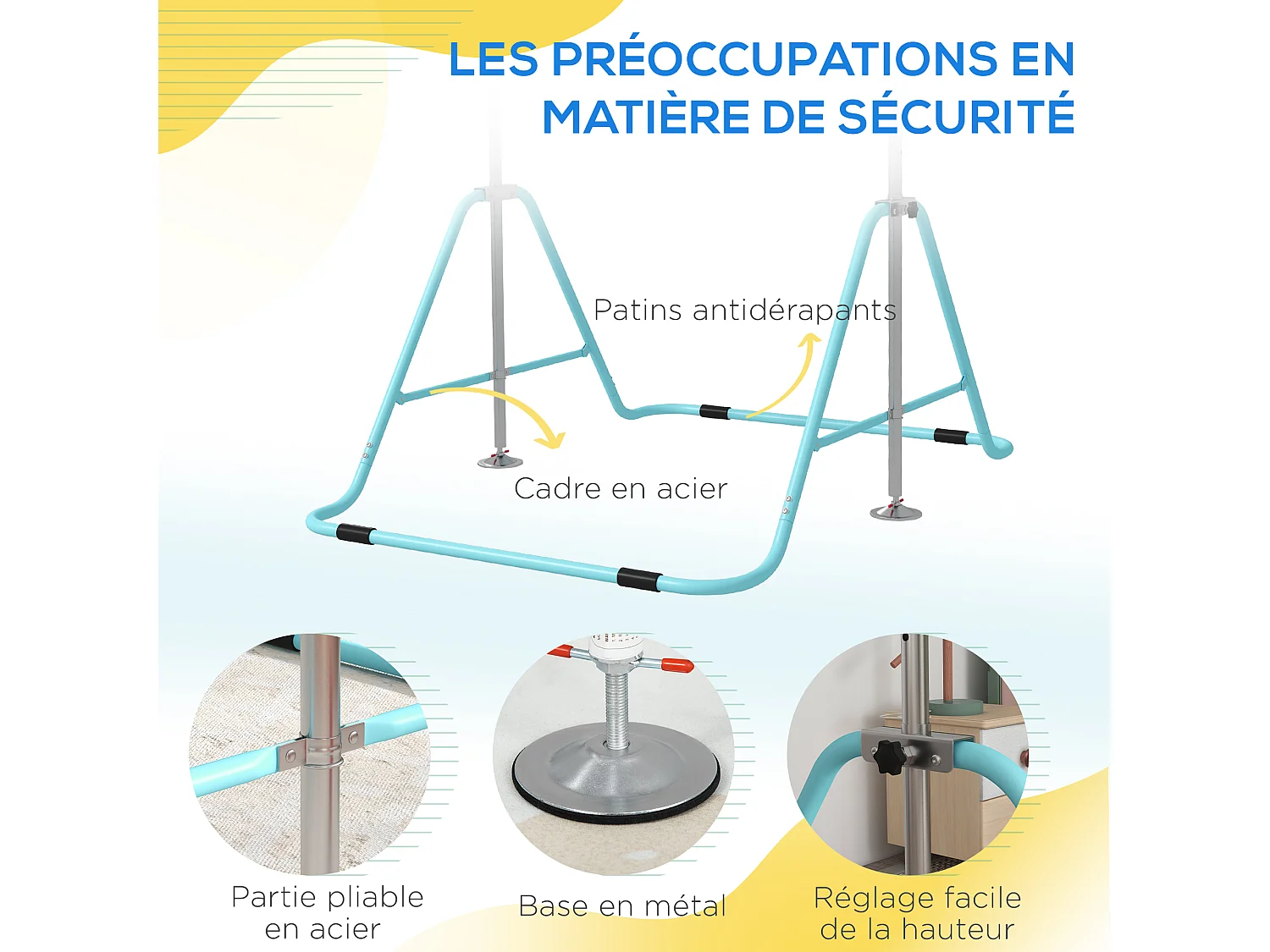 Barre fixe de gymnastique enfant - barre de gymnastique pliable hauteur réglable 4 niv. 88 à 128 cm - acier bleu ciel