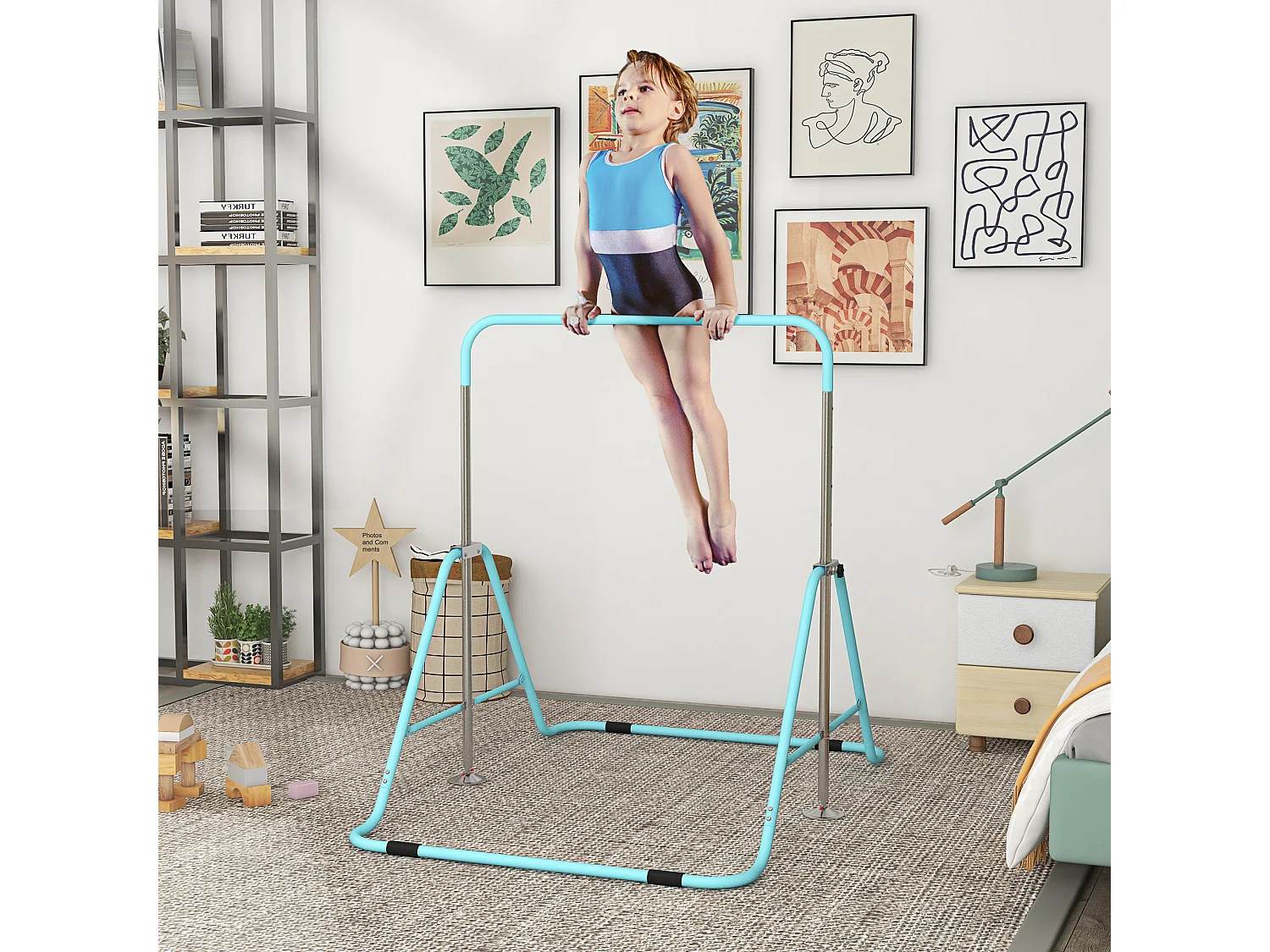 Barre fixe de gymnastique enfant - barre de gymnastique pliable hauteur réglable 4 niv. 88 à 128 cm - acier bleu ciel
