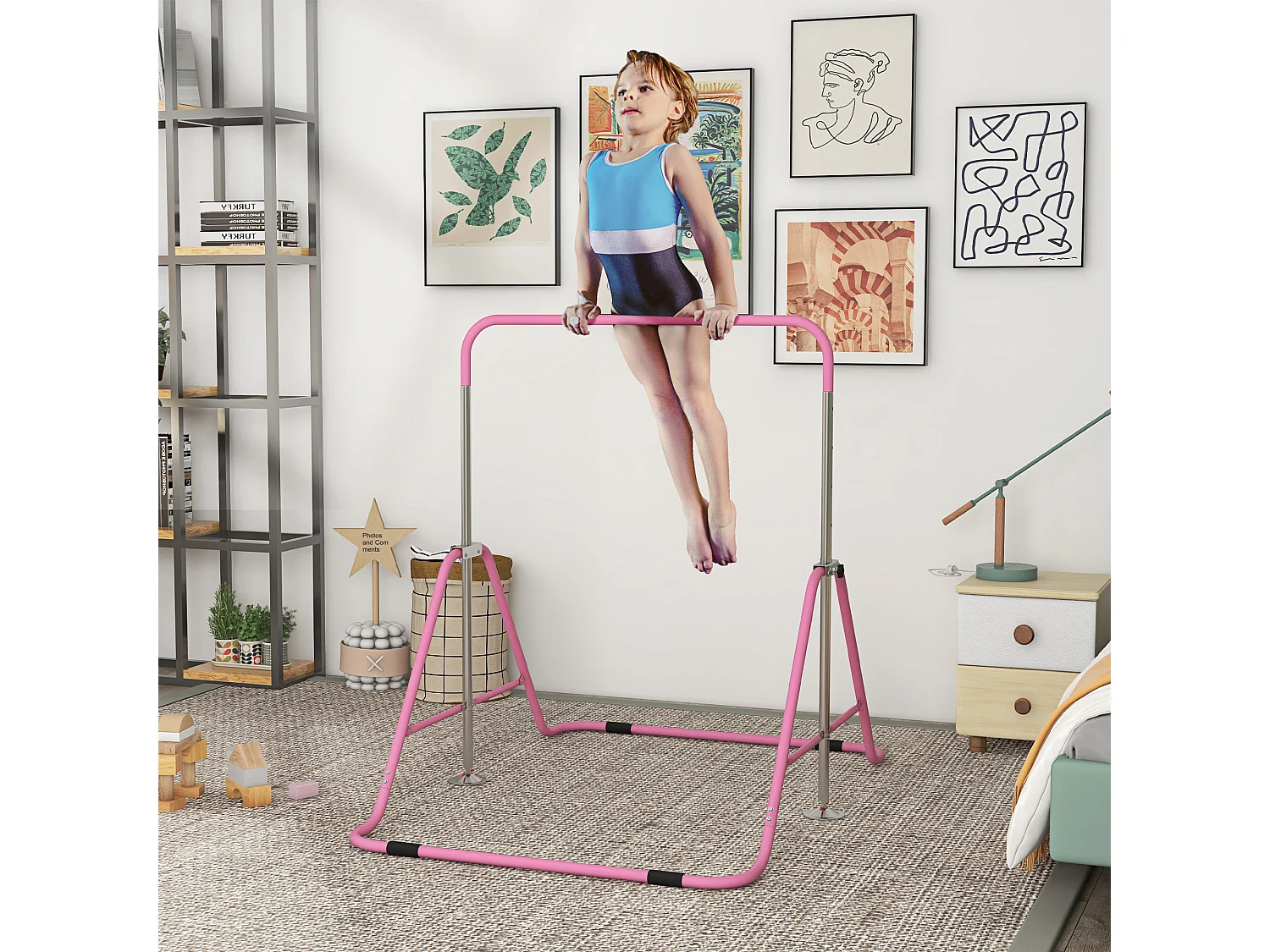 Barre fixe de gymnastique enfant - barre de gymnastique pliable hauteur réglable 4 niv. 88 à 128 cm - acier rose
