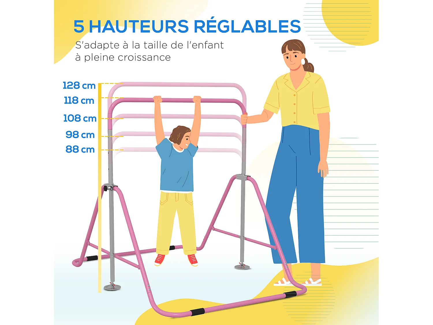 Barre fixe de gymnastique enfant - barre de gymnastique pliable hauteur réglable 4 niv. 88 à 128 cm - acier rose