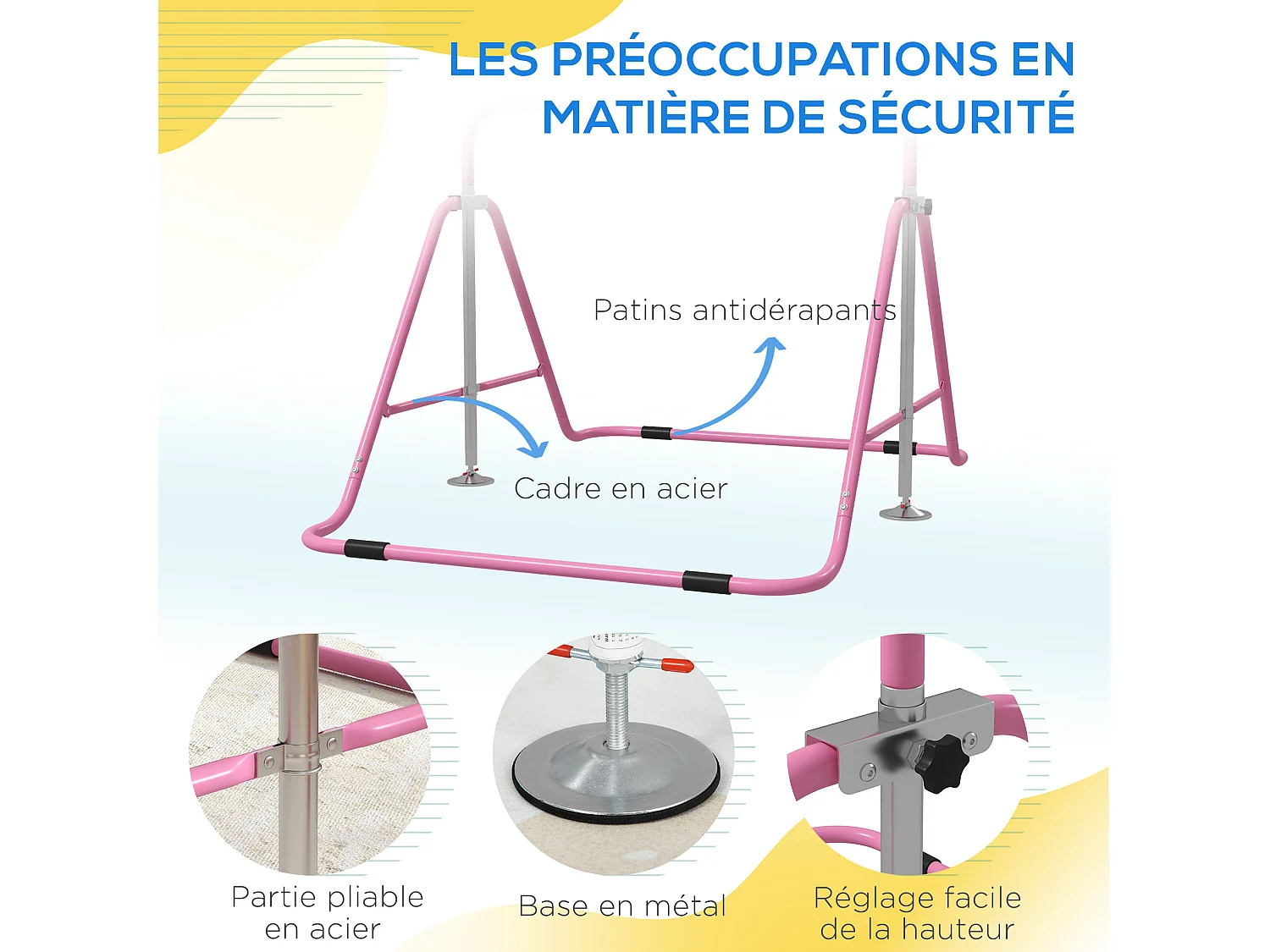 Barre fixe de gymnastique enfant - barre de gymnastique pliable hauteur réglable 4 niv. 88 à 128 cm - acier rose