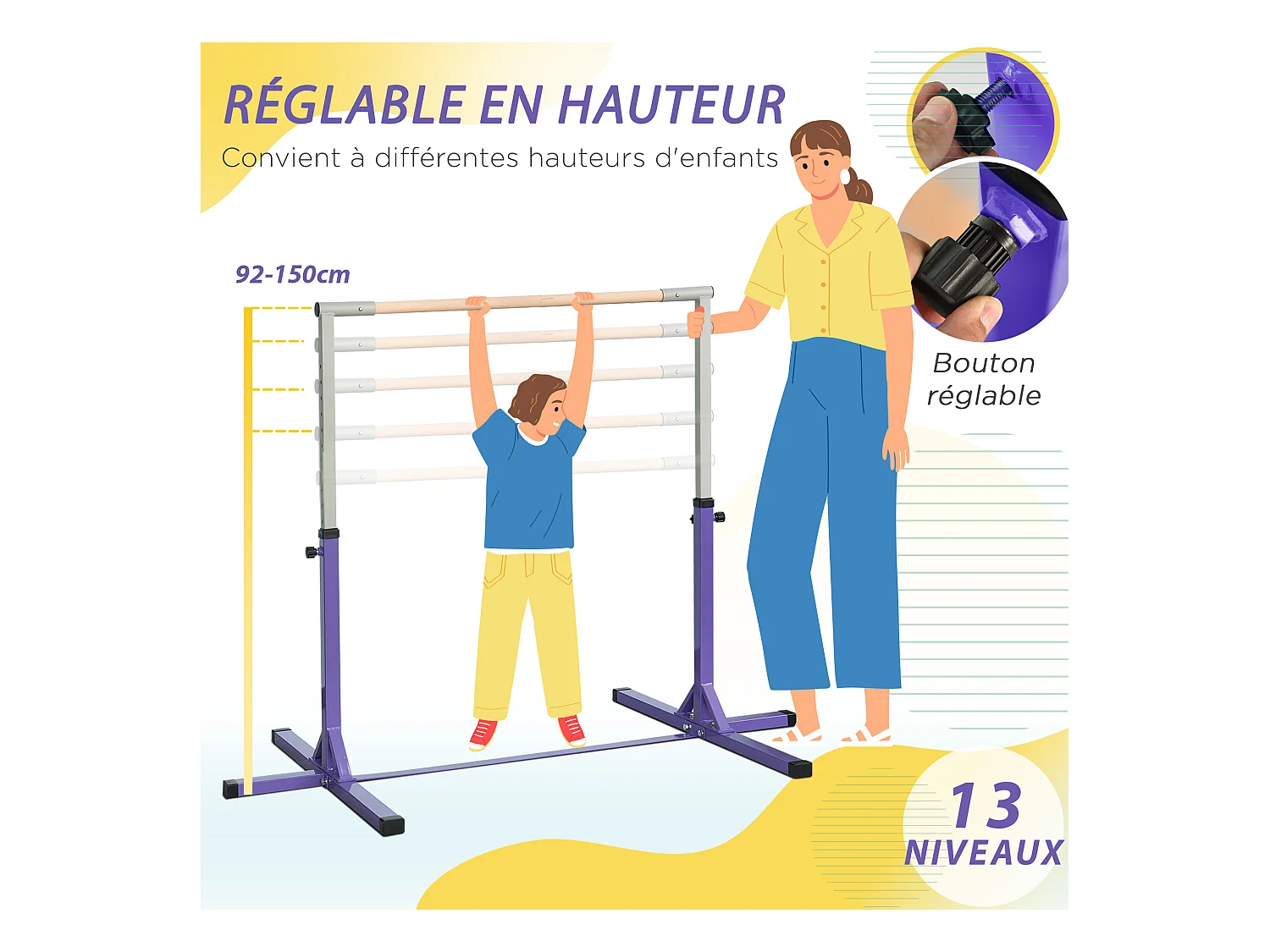 Barre fixe de gymnastique enfant - barre de gymnastique hauteur réglable 13 niveaux 92 à 150 cm - acier violet bois massif hêtre