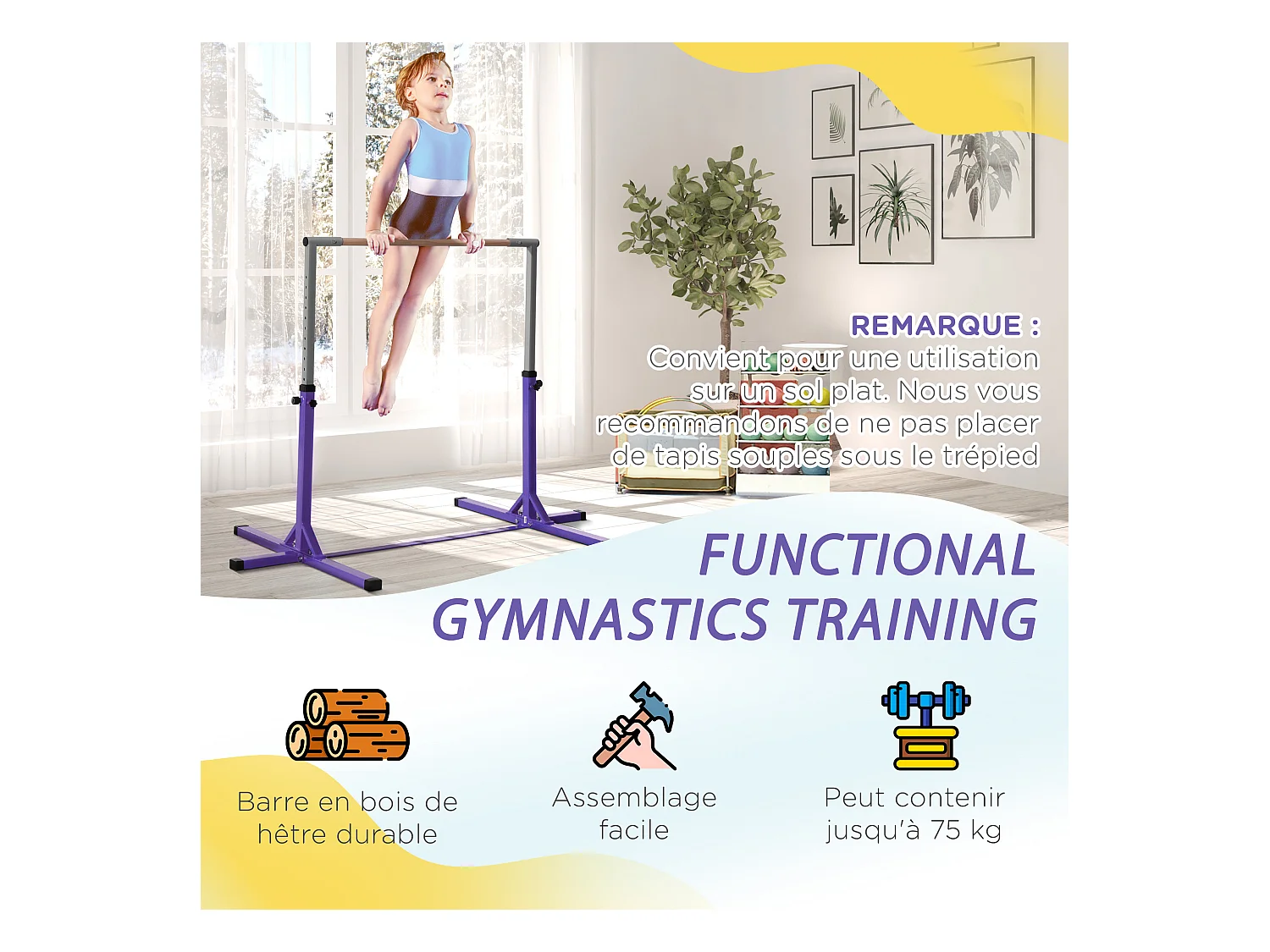 Barre fixe de gymnastique enfant - barre de gymnastique hauteur réglable 13 niveaux 92 à 150 cm - acier violet bois massif hêtre