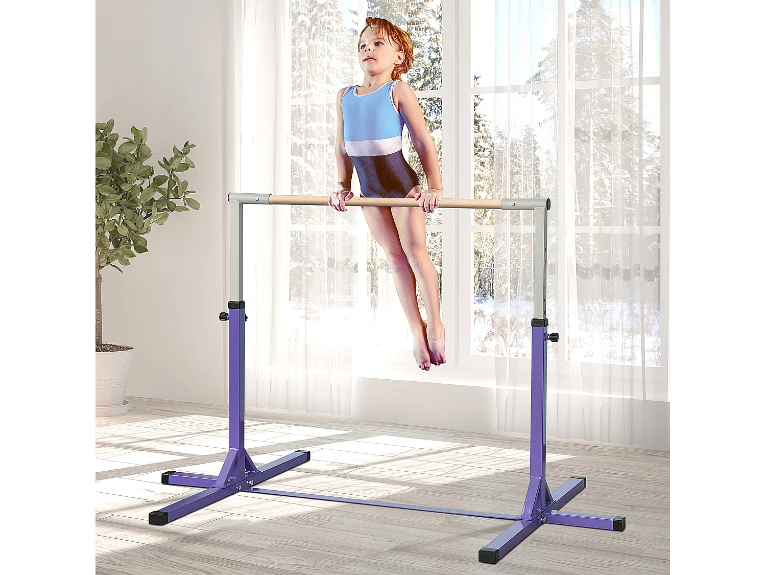 Barre fixe de gymnastique enfant - barre de gymnastique hauteur réglable 13 niveaux 92 à 150 cm - acier violet bois massif hêtre
