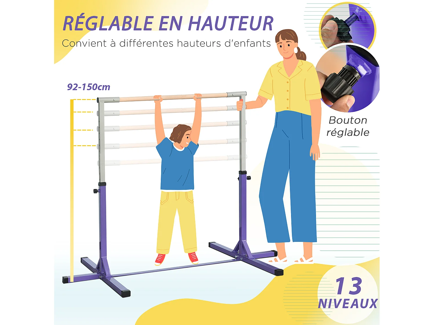 Barre fixe de gymnastique enfant - barre de gymnastique hauteur réglable 13 niveaux 92 à 150 cm - acier violet bois massif hêtre