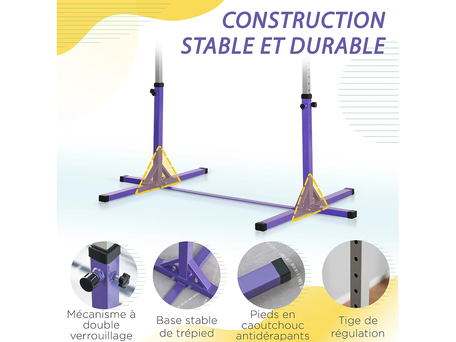 Barre fixe de gymnastique enfant - barre de gymnastique hauteur réglable 13 niveaux 92 à 150 cm - acier violet bois massif hêtre