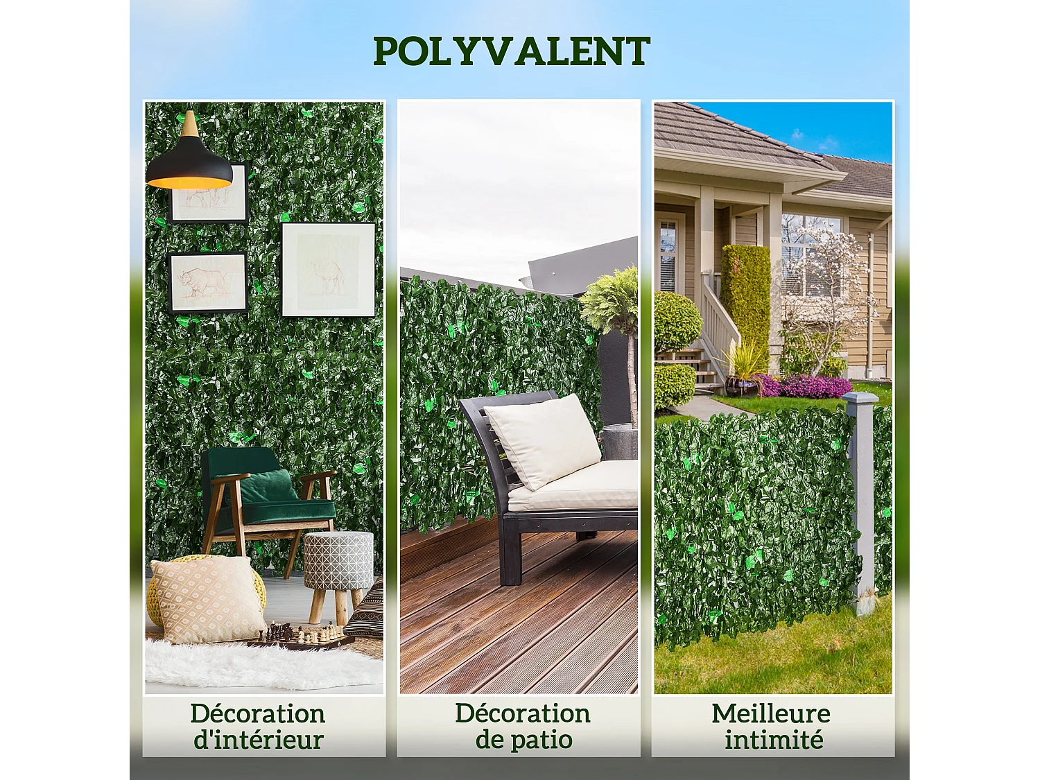 Haie artificielle lierre brise-vue rouleau dim. 3L x 1H m feuillage réaliste anti-UV vert