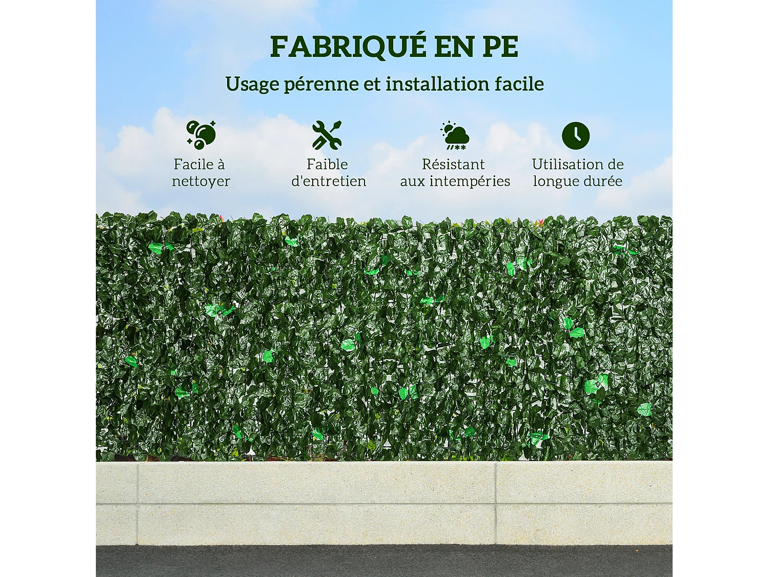 Haie artificielle lierre brise-vue rouleau dim. 3L x 1H m feuillage réaliste anti-UV vert