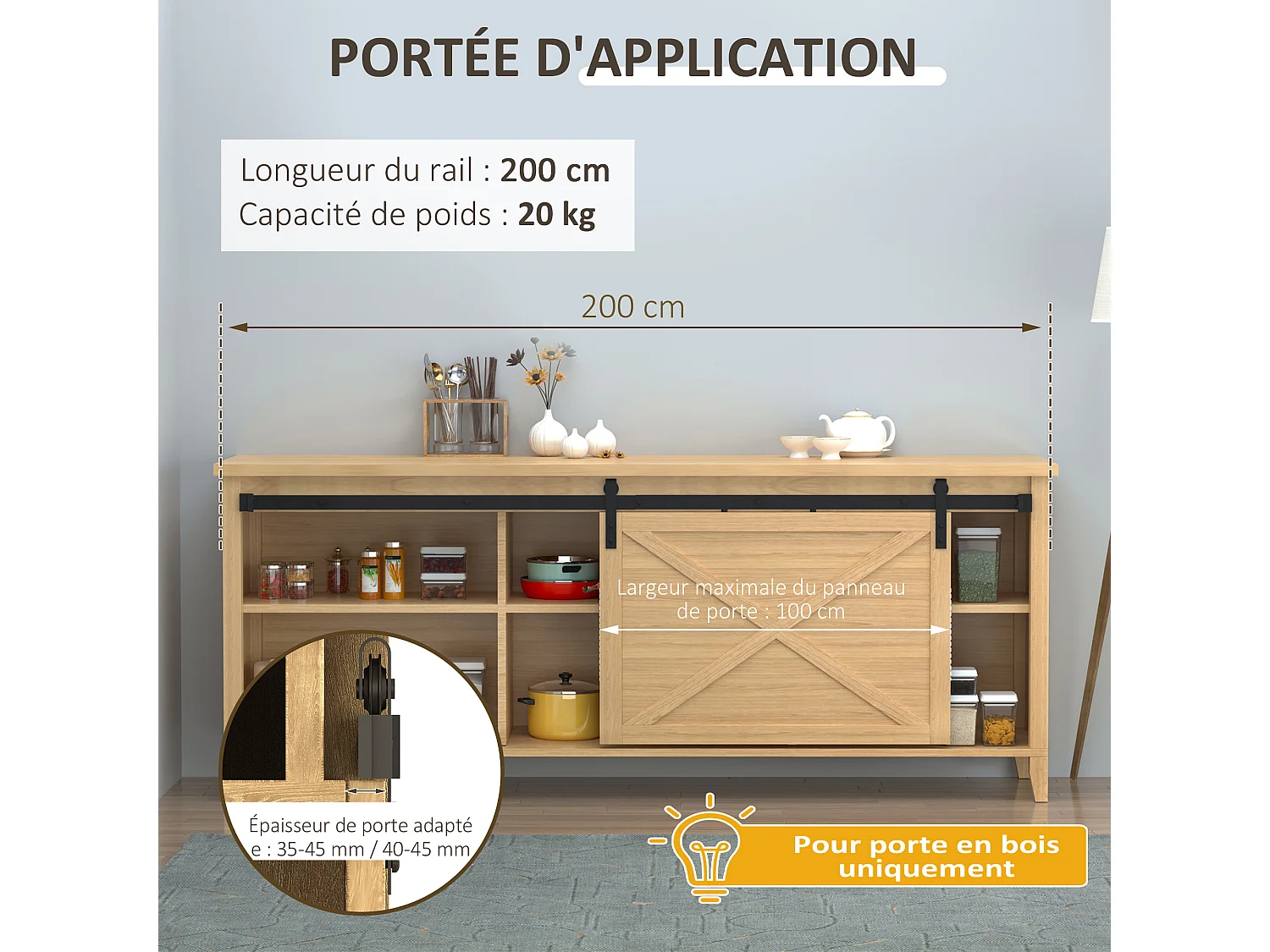 Kit de porte coulissante système galandage porte ép. 35-45/40-45 mm longueur totale rail 2 m charge max. 20 Kg acier au carbone noir