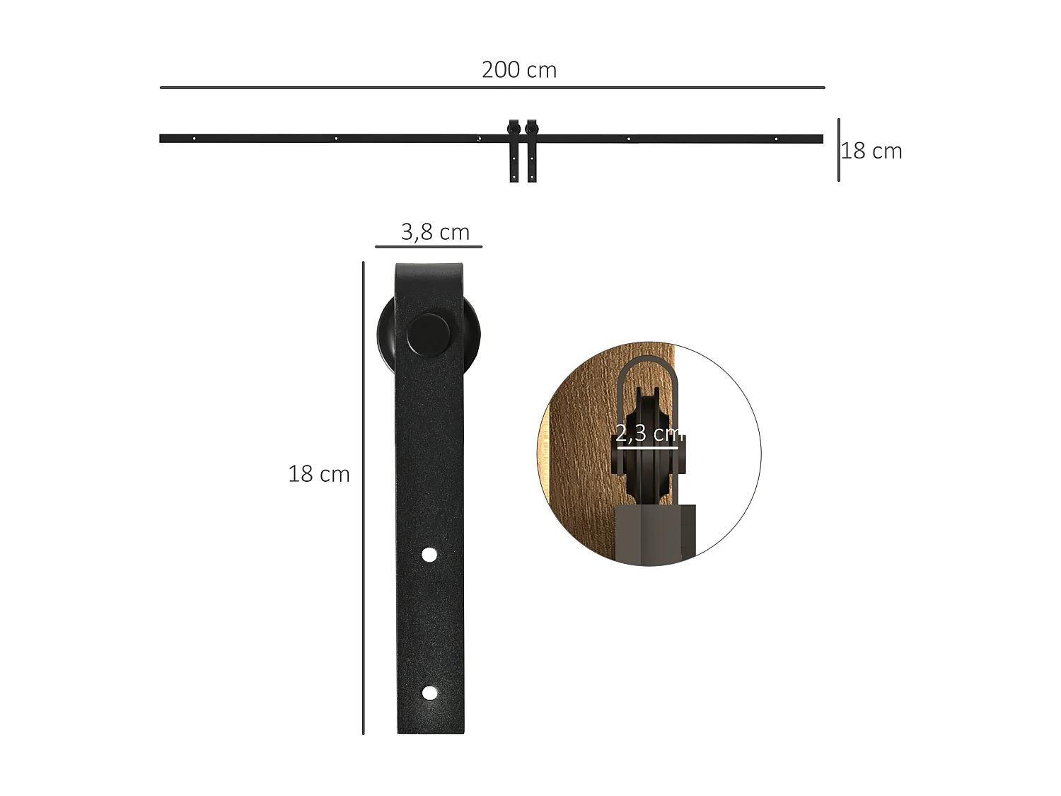 Kit de porte coulissante système galandage porte ép. 35-45/40-45 mm longueur totale rail 2 m charge max. 20 Kg acier au carbone noir