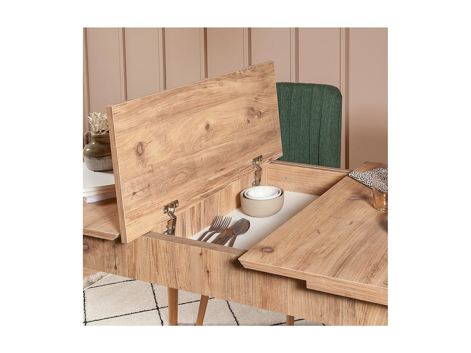Uitschuifbare houten tafel DYNIA voor maximaal 6 personen met geïntegreerde opbergruimte
