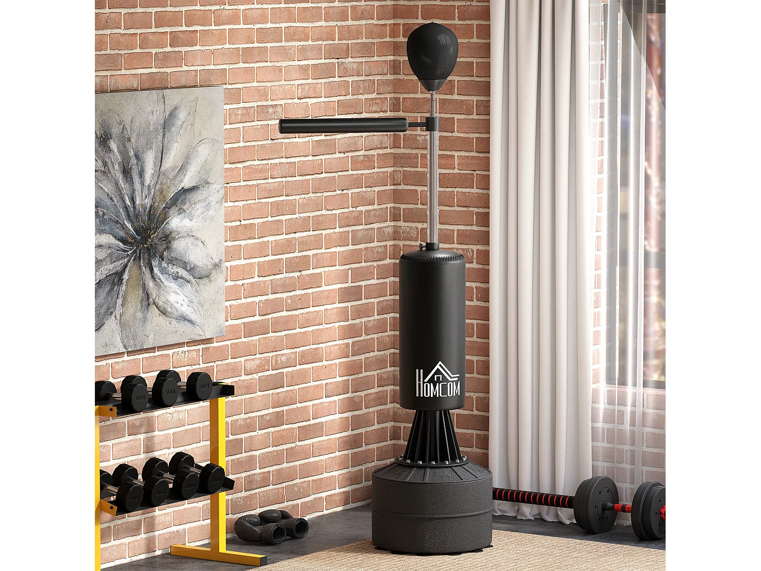 Sac de frappe boxe autoportant punching ball brunier 3 en 1 revêtement synthétique dim. 88L x 48l x 155-205H cm noir