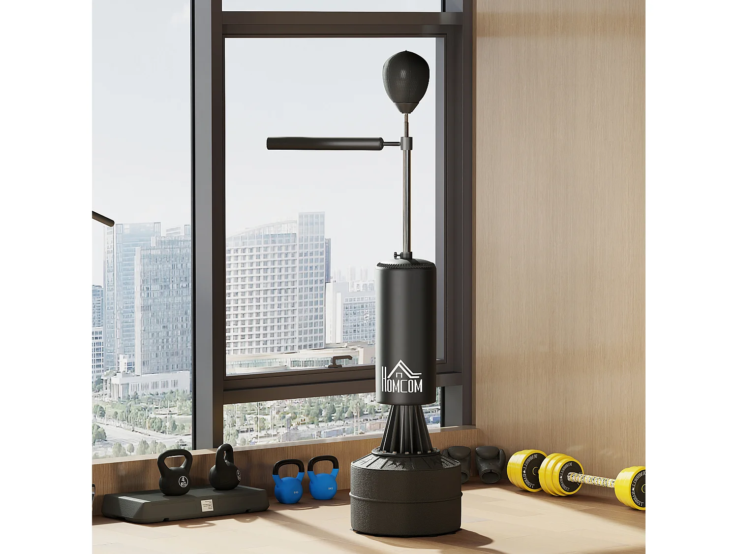 Sac de frappe boxe autoportant punching ball brunier 3 en 1 revêtement synthétique dim. 88L x 48l x 155-205H cm noir