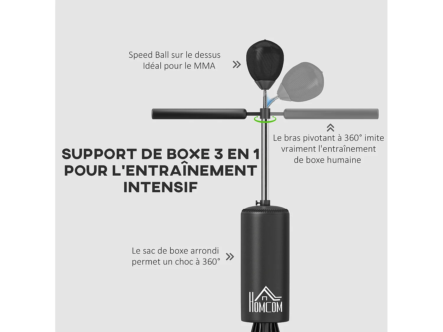 Sac de frappe boxe autoportant punching ball brunier 3 en 1 revêtement synthétique dim. 88L x 48l x 155-205H cm noir