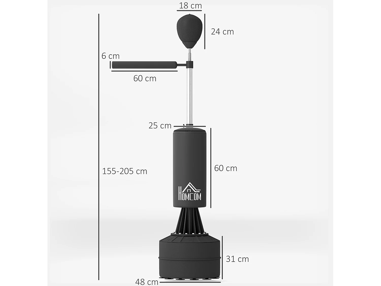 Sac de frappe boxe autoportant punching ball brunier 3 en 1 revêtement synthétique dim. 88L x 48l x 155-205H cm noir
